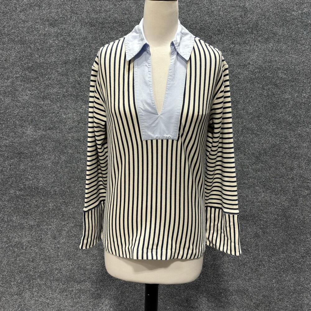 Tanya Taylor Blouse Womens Small Blue White Stripe V Neck Long Sleeve Knit Top